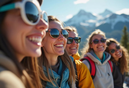Friends gather in the snow, smiling and laughing while posing for a selfie. The bright sun shines over the scenic mountain landscape, creating a joyful atmosphere during ski trip. Generative AI.の素材
