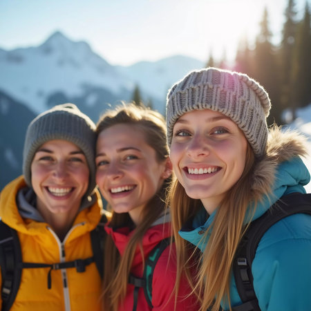 Friends gather in the snow, smiling and laughing while posing for a selfie. The bright sun shines over the scenic mountain landscape, creating a joyful atmosphere during ski trip. Generative AI.の素材