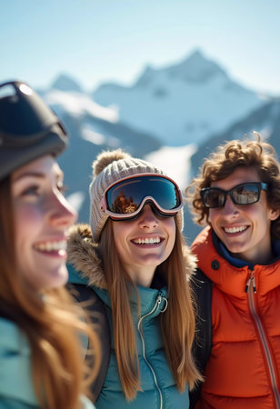 Friends gather in the snow, smiling and laughing while posing for a selfie. The bright sun shines over the scenic mountain landscape, creating a joyful atmosphere during ski trip. Generative AI.の素材