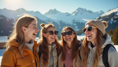 Friends gather in the snow, smiling and laughing while posing for a selfie. The bright sun shines over the scenic mountain landscape, creating a joyful atmosphere during ski trip. Generative AI.の素材