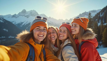 Friends gather in the snow, smiling and laughing while posing for a selfie. The bright sun shines over the scenic mountain landscape, creating a joyful atmosphere during ski trip. Generative AI.の素材