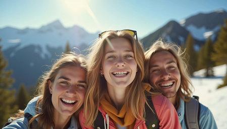 Friends gather in the snow, smiling and laughing while posing for a selfie. The bright sun shines over the scenic mountain landscape, creating a joyful atmosphere during ski trip. Generative AI.の素材