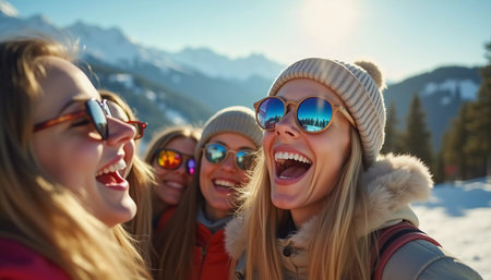 Friends gather in the snow, smiling and laughing while posing for a selfie. The bright sun shines over the scenic mountain landscape, creating a joyful atmosphere during ski trip. Generative AI.の素材