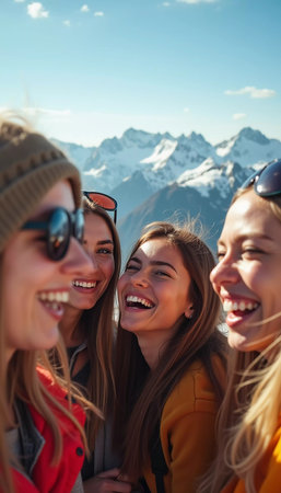 Friends gather in the snow, smiling and laughing while posing for a selfie. The bright sun shines over the scenic mountain landscape, creating a joyful atmosphere during ski trip. Generative AI.の素材