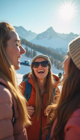 Friends gather in the snow, smiling and laughing while posing for a selfie. The bright sun shines over the scenic mountain landscape, creating a joyful atmosphere during ski trip. Generative AI.の素材