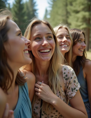 Friends happily explore a lush spruce forest, laughing and enjoying each other company under a bright summer sky surrounded by nature. Youth hike in the forest. Generative AIの素材