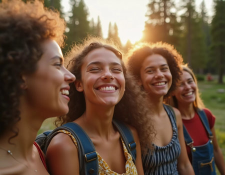 Friends happily explore a lush spruce forest, laughing and enjoying each other company under a bright summer sky surrounded by nature. Youth hike in the forest. Generative AIの素材