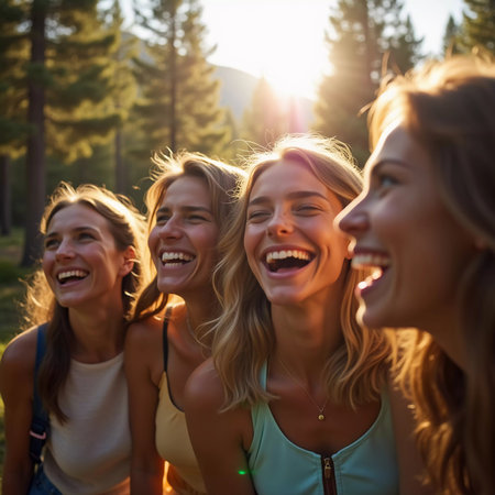 Friends happily explore a lush spruce forest, laughing and enjoying each other company under a bright summer sky surrounded by nature. Youth hike in the forest. Generative AIの素材