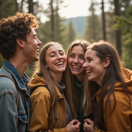 Friends happily explore a lush spruce forest, laughing and enjoying each other company under a bright summer sky surrounded by nature. Youth hike in the forest. Generative AIの素材