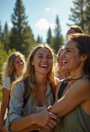 Friends happily explore a lush spruce forest, laughing and enjoying each other company under a bright summer sky surrounded by nature. Youth hike in the forest. Generative AIの素材