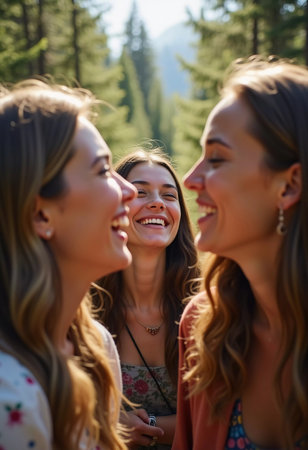 Friends happily explore a lush spruce forest, laughing and enjoying each other company under a bright summer sky surrounded by nature. Youth hike in the forest. Generative AIの素材