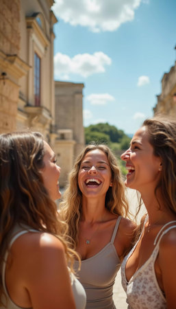 Friends explore a charming Mediterranean location, sharing joyful moments and laughter while basking in the warm summer sun and stunning architecture. Beautiful young girls. Generative AIの素材