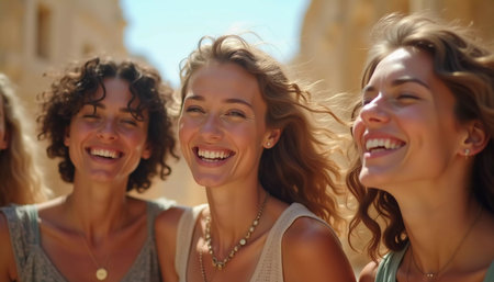 Friends explore a charming Mediterranean location, sharing joyful moments and laughter while basking in the warm summer sun and stunning architecture. Beautiful young girls. Generative AIの素材