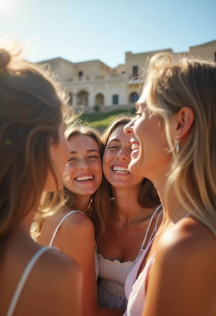 Friends explore a charming Mediterranean location, sharing joyful moments and laughter while basking in the warm summer sun and stunning architecture. Beautiful young girls. Generative AIの素材