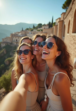 Friends explore a charming Mediterranean location, sharing joyful moments and laughter while basking in the warm summer sun and stunning architecture. Beautiful young girls. Generative AIの素材
