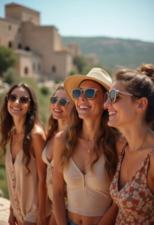 Friends explore a charming Mediterranean location, sharing joyful moments and laughter while basking in the warm summer sun and stunning architecture. Beautiful young girls. Generative AIの素材