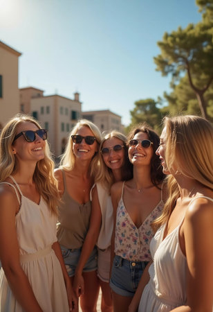 Friends explore a charming Mediterranean location, sharing joyful moments and laughter while basking in the warm summer sun and stunning architecture. Beautiful young girls. Generative AIの素材