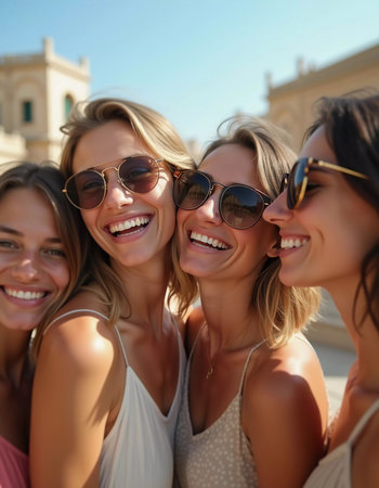 Friends explore a charming Mediterranean location, sharing joyful moments and laughter while basking in the warm summer sun and stunning architecture. Beautiful young girls. Generative AIの素材