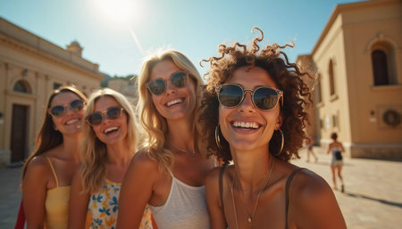 Friends explore a charming Mediterranean location, sharing joyful moments and laughter while basking in the warm summer sun and stunning architecture. Beautiful young girls. Generative AIの素材
