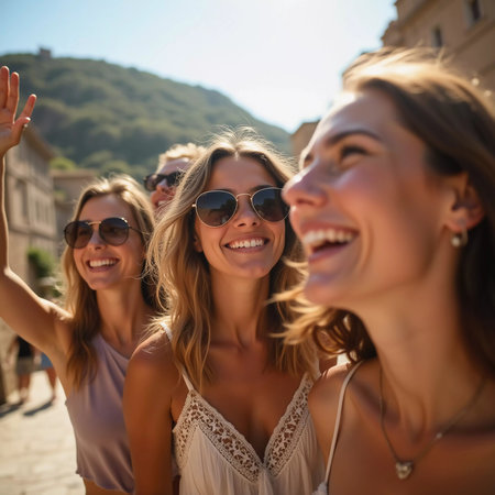Friends explore a charming Mediterranean location, sharing joyful moments and laughter while basking in the warm summer sun and stunning architecture. Beautiful young girls. Generative AIの素材