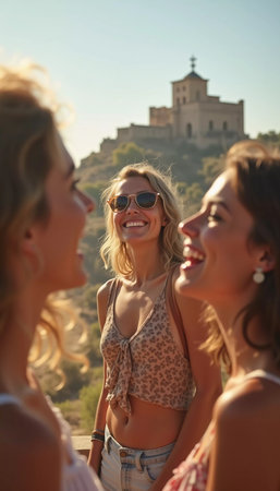 Friends explore a charming Mediterranean location, sharing joyful moments and laughter while basking in the warm summer sun and stunning architecture. Beautiful young girls. Generative AIの素材