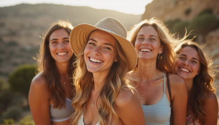 Friends explore a charming Mediterranean location, sharing joyful moments and laughter while basking in the warm summer sun and stunning architecture. Beautiful young girls. Generative AIの素材