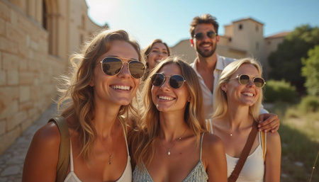 Friends explore a charming Mediterranean location, sharing joyful moments and laughter while basking in the warm summer sun and stunning architecture. Beautiful young girls. Generative AIの素材