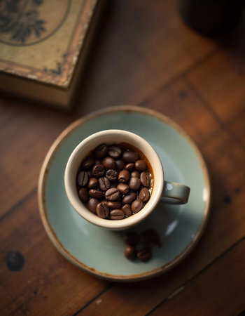 An espresso cup rests on a rustic wooden table, encircled by rich coffee beans, evoking a warm and inviting setting perfect for enjoying a quiet moment. Generative AI.の素材