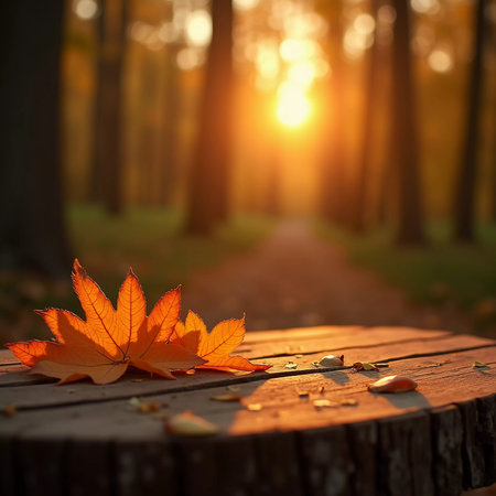 A rustic table displays vibrant orange leaves as the warm light of sunset filters through the trees in a peaceful forest. The atmosphere invites relaxation and reflection. Generative AI.の素材