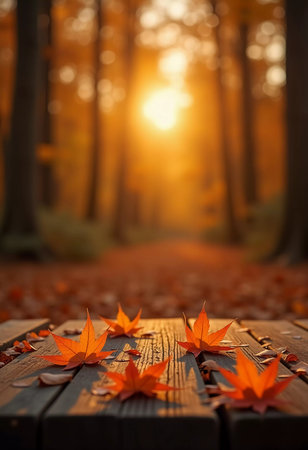 A rustic table displays vibrant orange leaves as the warm light of sunset filters through the trees in a peaceful forest. The atmosphere invites relaxation and reflection. Generative AI.の素材