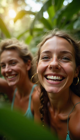 Friends celebrate summer getaway in lush tropical setting with laughter and smiles amidst vibrant greenery. Tropics are climatic zones of Earth in which Sun is at its zenith at least once year. AIの素材