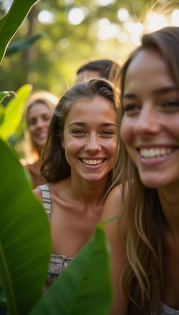 Friends celebrate summer getaway in lush tropical setting with laughter and smiles amidst vibrant greenery. Tropics are climatic zones of Earth in which Sun is at its zenith at least once year. AIの素材