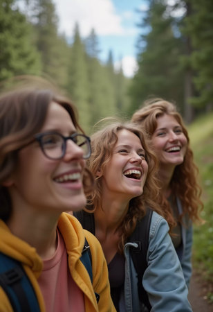 Friends happily explore a lush spruce forest, laughing and enjoying each other company under a bright summer sky surrounded by nature. Youth hike in the forest. Generative AIの素材