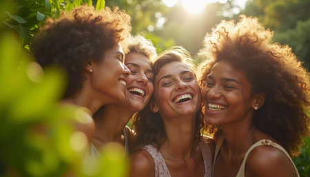 Friends celebrate summer getaway in lush tropical setting with laughter and smiles amidst vibrant greenery. Tropics are climatic zones of Earth in which Sun is at its zenith at least once year. AIの素材