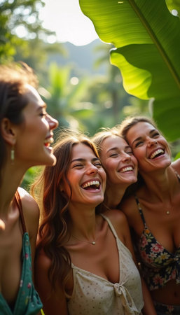 Friends celebrate summer getaway in lush tropical setting with laughter and smiles amidst vibrant greenery. Tropics are climatic zones of Earth in which Sun is at its zenith at least once year. AIの素材