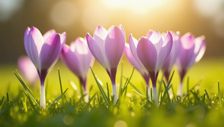 Delicate pink crocus flowers bloom in lush green grass, sunlight in serene spring setting. Nature revival. Saffron Crocus is genus of perennial bulbous herbaceous plants Iris family Iridaceae. AIの素材