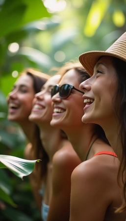 Friends celebrate summer getaway in lush tropical setting with laughter and smiles amidst vibrant greenery. Tropics are climatic zones of Earth in which Sun is at its zenith at least once year. AIの素材