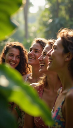 Friends celebrate summer getaway in lush tropical setting with laughter and smiles amidst vibrant greenery. Tropics are climatic zones of Earth in which Sun is at its zenith at least once year. AIの素材