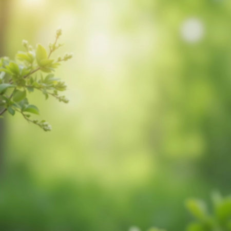 Delicate green leaves are illuminated by gentle sunlight, creating a tranquil atmosphere in a lush forest setting during spring. Nature thrives in this peaceful environment. Generative AI.の素材