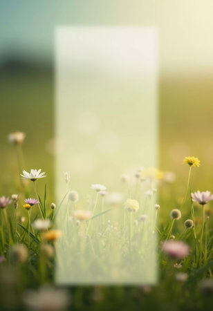 A beautiful meadow features a variety of wildflowers in bloom, showcasing different colors and shapes. The atmosphere is bright and serene, inviting tranquility. Copy space for text. Generative AI.の素材