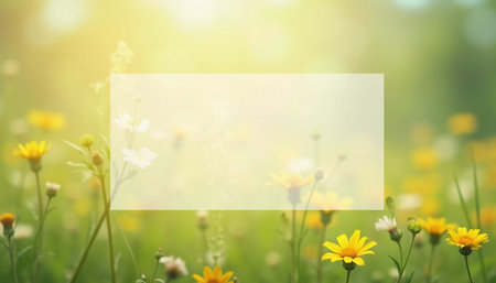 A beautiful meadow features a variety of wildflowers in bloom, showcasing different colors and shapes. The atmosphere is bright and serene, inviting tranquility. Copy space for text. Generative AI.の素材