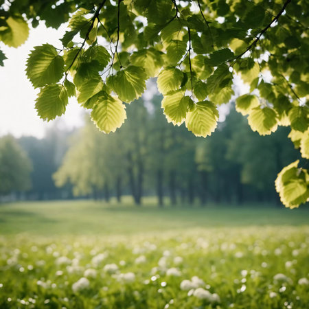 Sunlight filters through lush green leaves, creating a tranquil atmosphere in a natural setting. The golden hour enhances the vivid colors of the scene. Linden Tilia is a genus of woody plants. AI.の素材