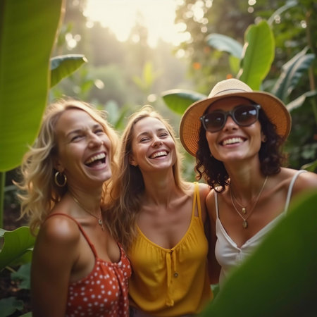 Friends celebrate summer getaway in lush tropical setting with laughter and smiles amidst vibrant greenery. Tropics are climatic zones of Earth in which Sun is at its zenith at least once year. AIの素材