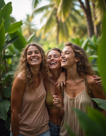 Friends celebrate summer getaway in lush tropical setting with laughter and smiles amidst vibrant greenery. Tropics are climatic zones of Earth in which Sun is at its zenith at least once year. AIの素材