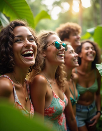 Friends celebrate summer getaway in lush tropical setting with laughter and smiles amidst vibrant greenery. Tropics are climatic zones of Earth in which Sun is at its zenith at least once year. AIの素材