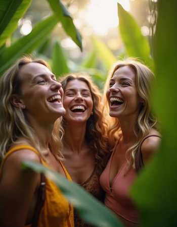 Friends celebrate summer getaway in lush tropical setting with laughter and smiles amidst vibrant greenery. Tropics are climatic zones of Earth in which Sun is at its zenith at least once year. AIの素材