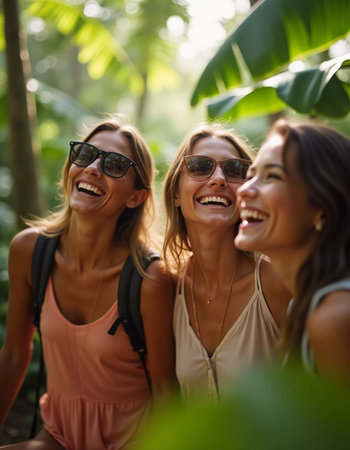 Friends celebrate summer getaway in lush tropical setting with laughter and smiles amidst vibrant greenery. Tropics are climatic zones of Earth in which Sun is at its zenith at least once year. AIの素材