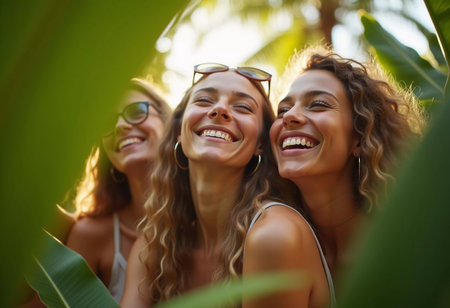Friends celebrate summer getaway in lush tropical setting with laughter and smiles amidst vibrant greenery. Tropics are climatic zones of Earth in which Sun is at its zenith at least once year. AIの素材