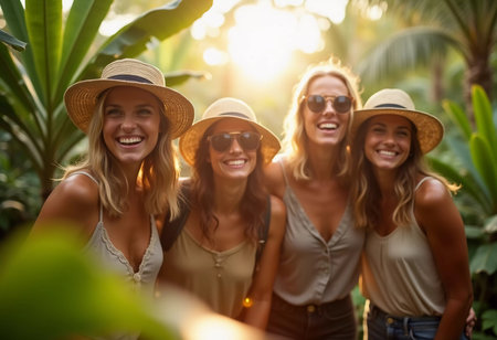 Friends celebrate summer getaway in lush tropical setting with laughter and smiles amidst vibrant greenery. Tropics are climatic zones of Earth in which Sun is at its zenith at least once year. AIの素材