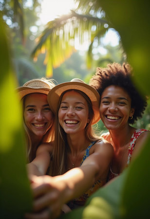 Friends celebrate summer getaway in lush tropical setting with laughter and smiles amidst vibrant greenery. Tropics are climatic zones of Earth in which Sun is at its zenith at least once year. AIの素材